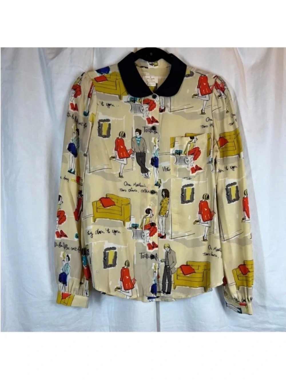 Kate spade 100% silk quirky kitsch Peter Pan color Martini print  blouse